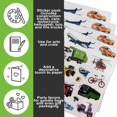 Vehicles Stickers for Kids Arts and Crafts, Party Favors, School, and Classroom Learning