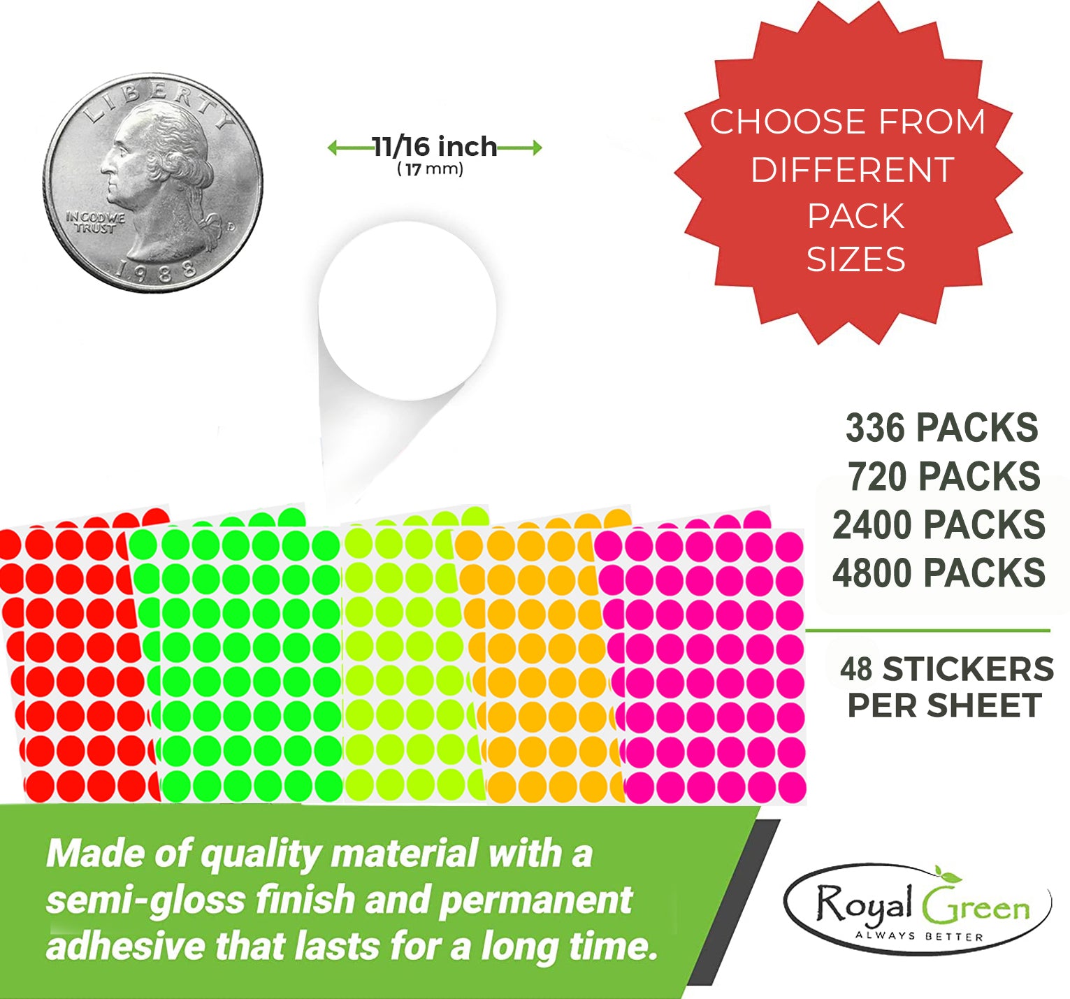 Royal Green Neon Yellow Dot Stickers - 15 Sheets, Multiple Sizes (8mm To 38mm)