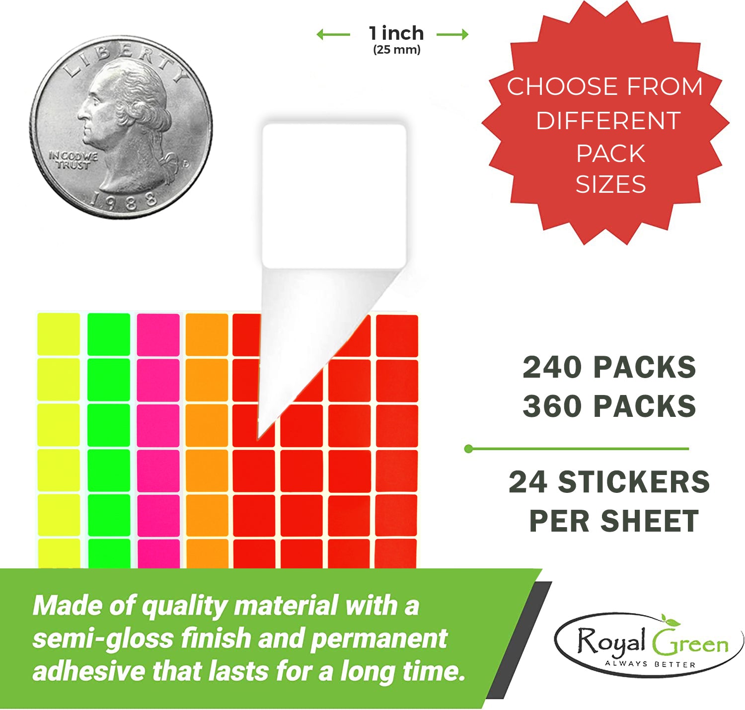 Color Sticker Square Square Stickers 1 inch x 1 inch Combo colors 25mm – Royal Green Market